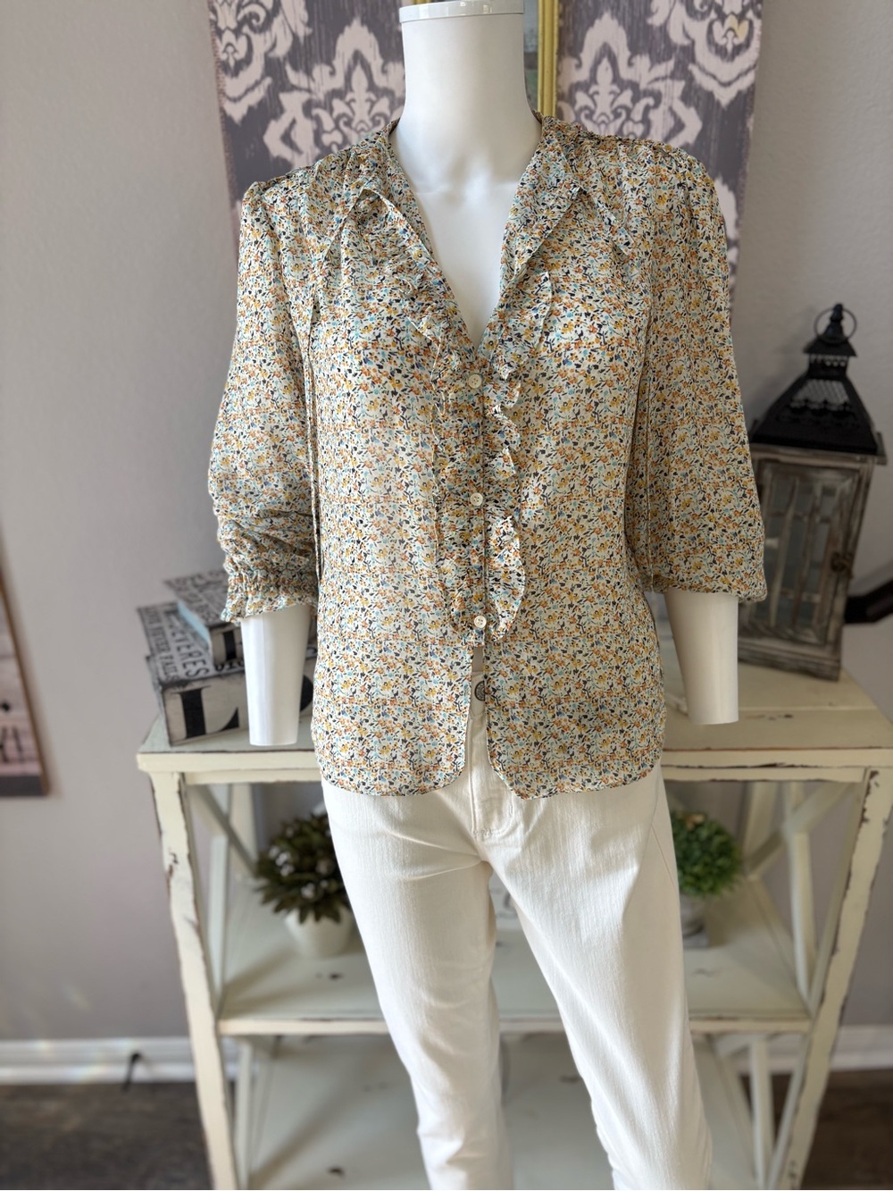 Chelsea & Violet Cream Floral Ruffle Button-Front Blouse - Picture 3 of 10
